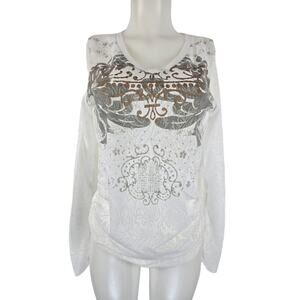 Cabi Lightweight Burnout Waffle Knit Ruched White/Gray/Gold Long Sleeve Top L